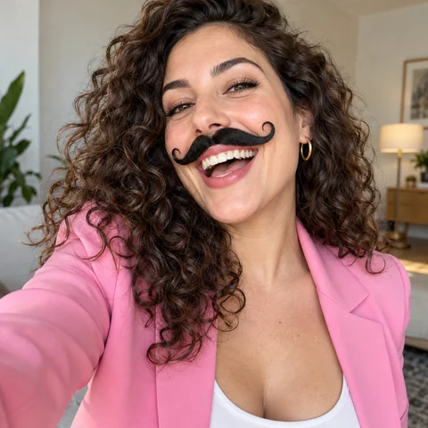 Woman with curly hair wearing a curled black prank mustache