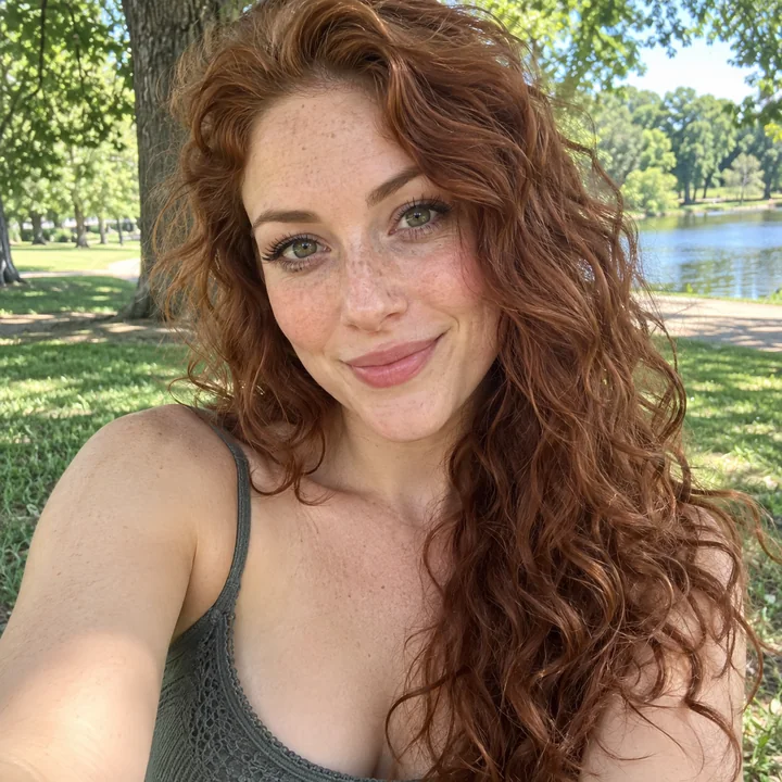 Drag to compare the selfie of a woman with auburn curls and her original pegasus pony (before)