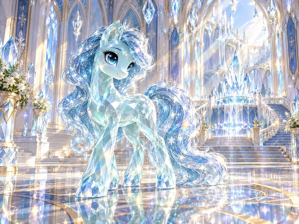Original crystal pony with a faceted gem-like coat standing in a glowing crystal palace hall