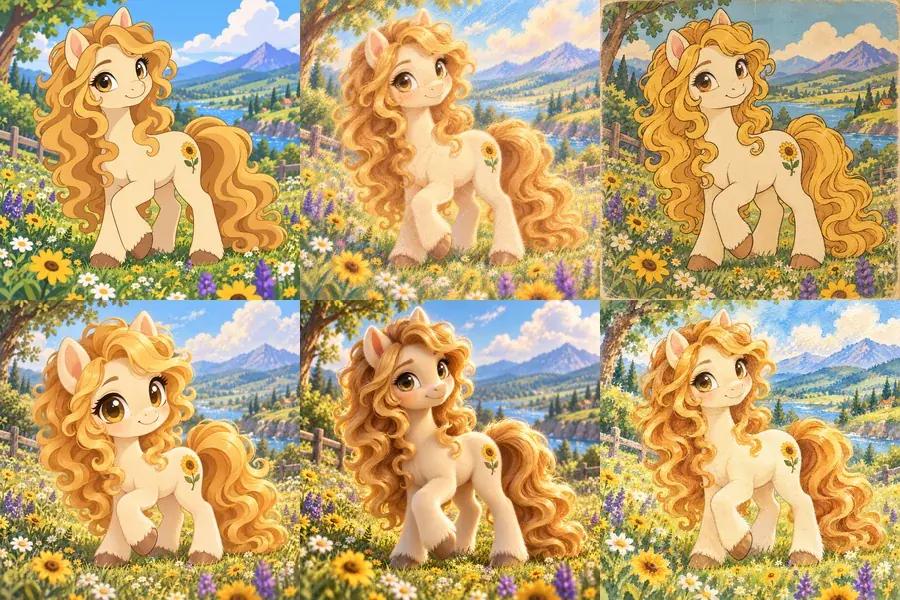 The same original pony in six art styles: screencap, pastel, retro, chibi, 3D, and plush