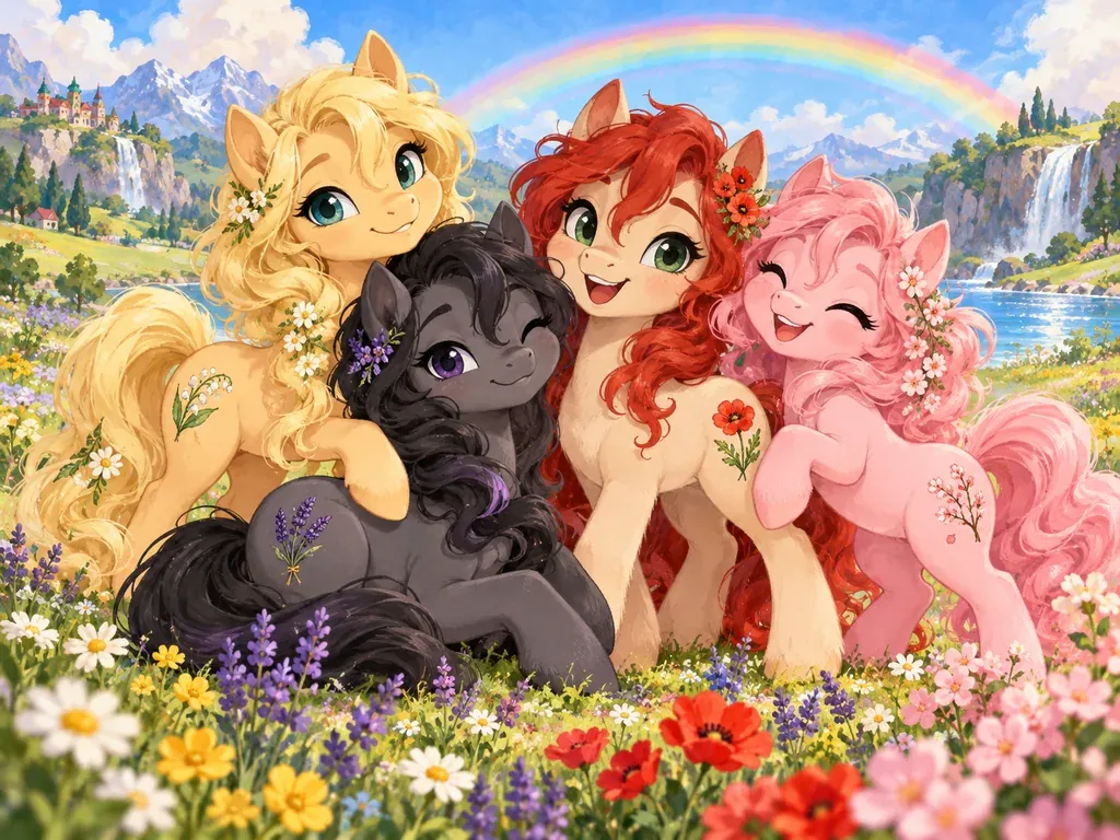 Four original cartoon pony friends with blonde, black, red, and pink manes in a rainbow meadow