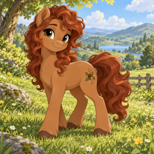 Original earth pony with a chestnut mane standing in a green meadow
