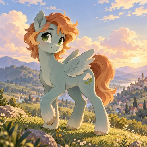 Original pink pegasus pony flying among clouds