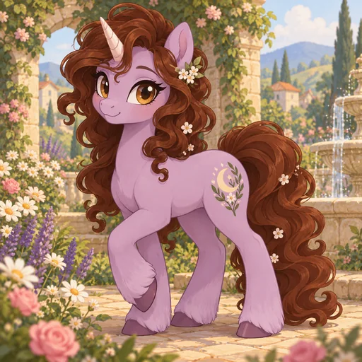 Original unicorn pony with a lavender mane and a glowing horn