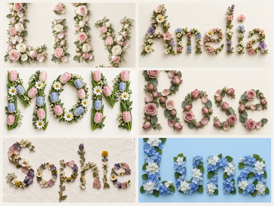 Name into flowers examples: Lily, Amelia, MOM, Rose, Sophie, and Luna spelled in flowers