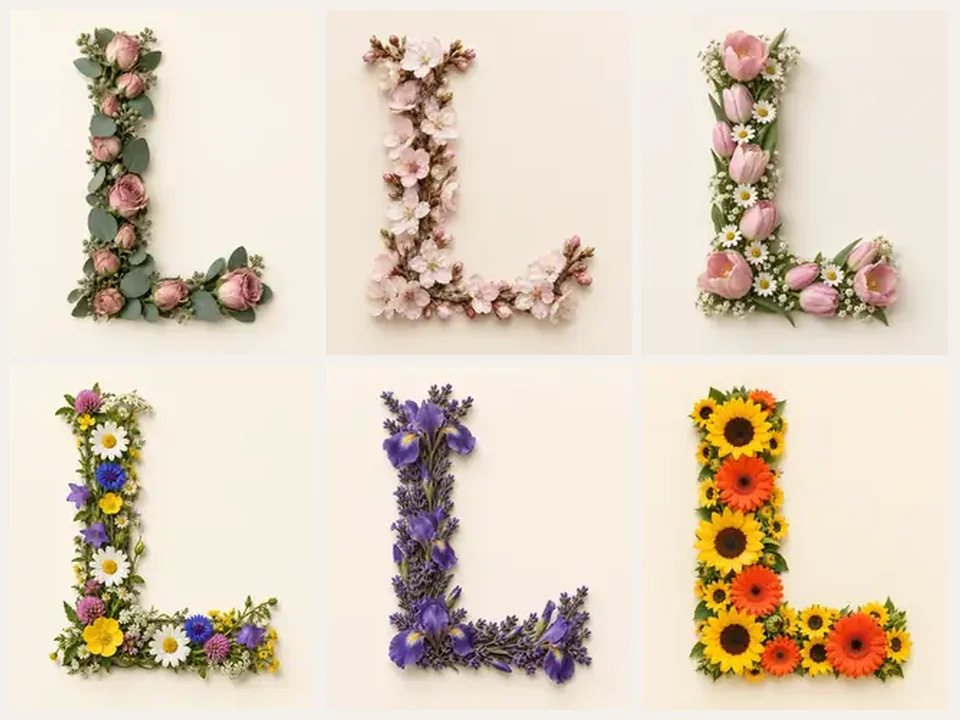 Flower generator styles: rose, cherry blossom, tulip, wildflower, lavender, and sunflower letters
