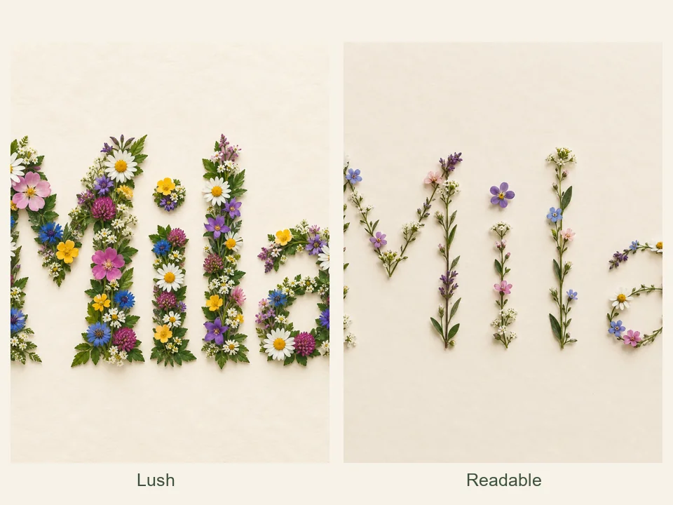 The name Mila in lush wildflowers next to a readable flower letter version