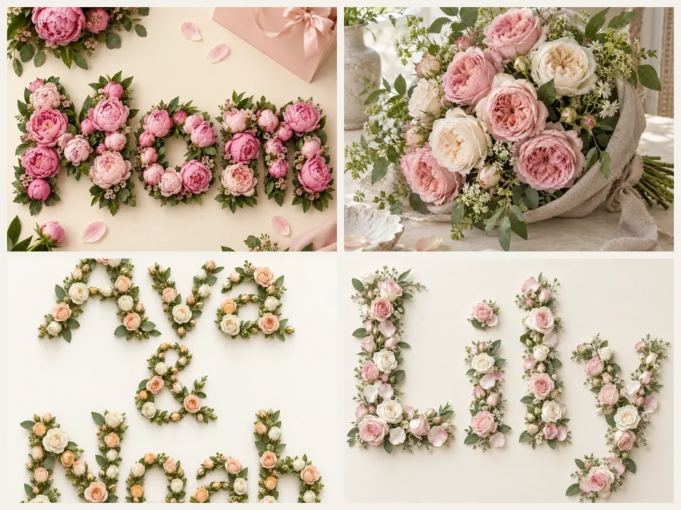 Four flower bouquets: pink peonies in a gift bag, sunflowers, lavender, and a bridal rose bouquet