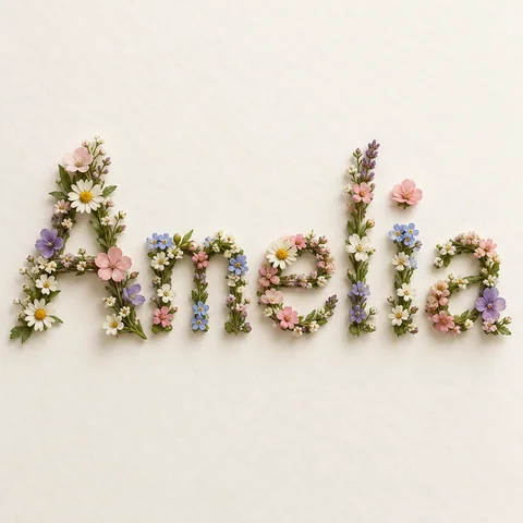 Baby name Amelia spelled in delicate pastel wildflowers for a nursery print