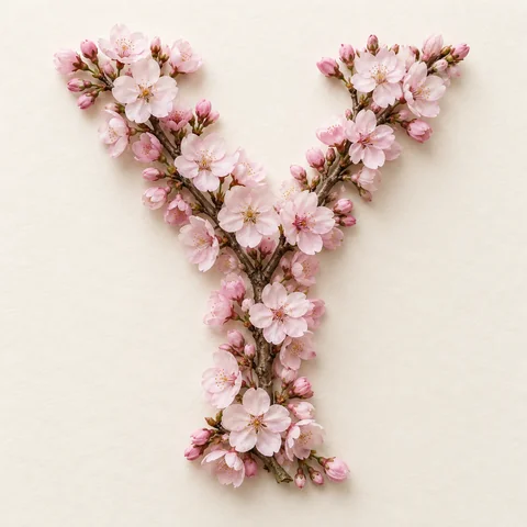 Name floral initial: the letter Y covered in pink cherry blossoms