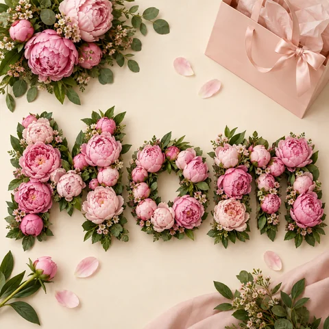 Name flower bouquet of pink peonies in a gift bag for Mom