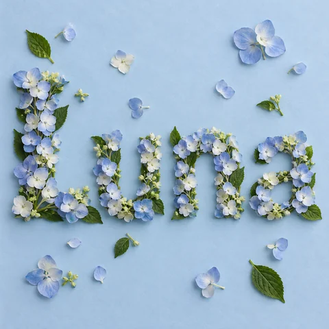 Pet name Luna in blue and white flowers on a pale blue background