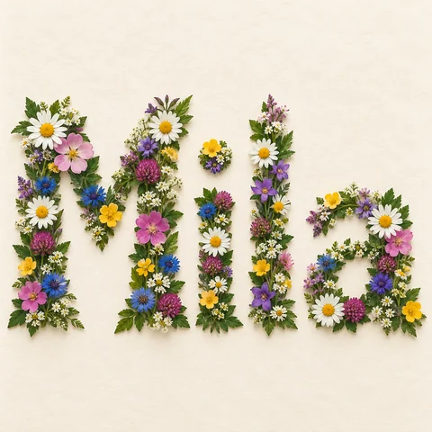 Names into flowers: Mila spelled in a dense mix of colorful wildflowers