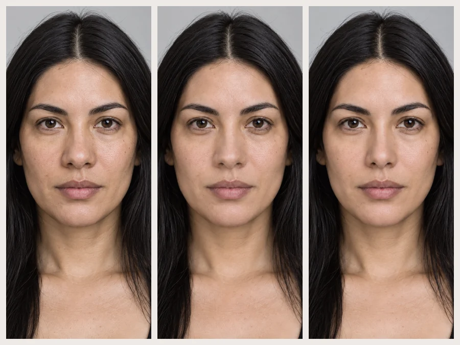The same woman with her natural nose, a slightly slimmed nose and a fully contoured nose side by side