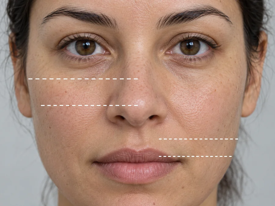 Woman’s face with the bridge, width, wing, lift, size and tip of the nose labeled for nose editing