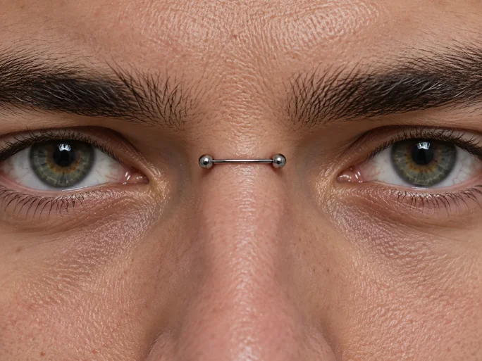 Close-up of a silver bridge bar piercing between a man’s eyes