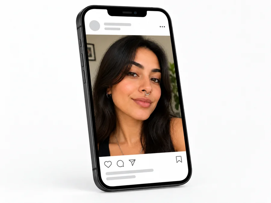 Phone showing a selfie with a faux septum ring posted on social media