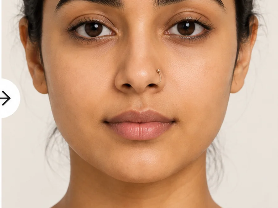 Woman with thin gold nose hoops and an otherwise unchanged face