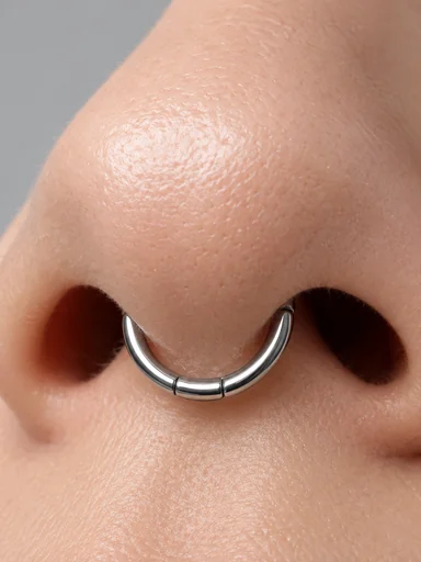 Close-up of a silver septum clicker ring