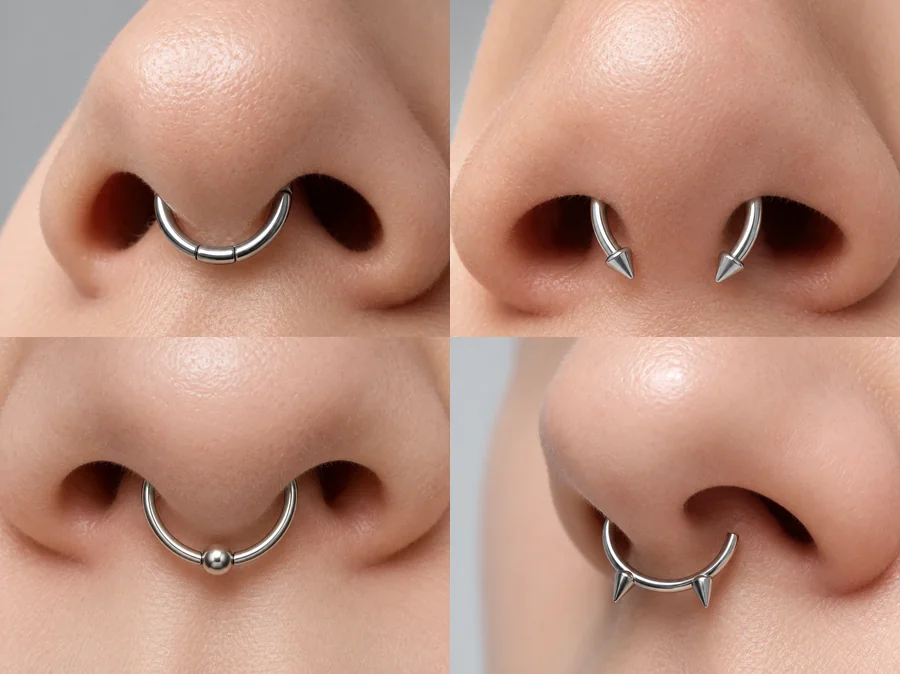 Four septum jewelry styles: clicker, horseshoe, beaded ring, and spike ring