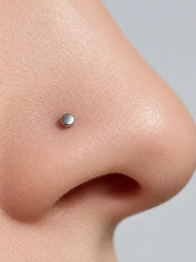 Close-up of a small silver stud on the side of a nostril