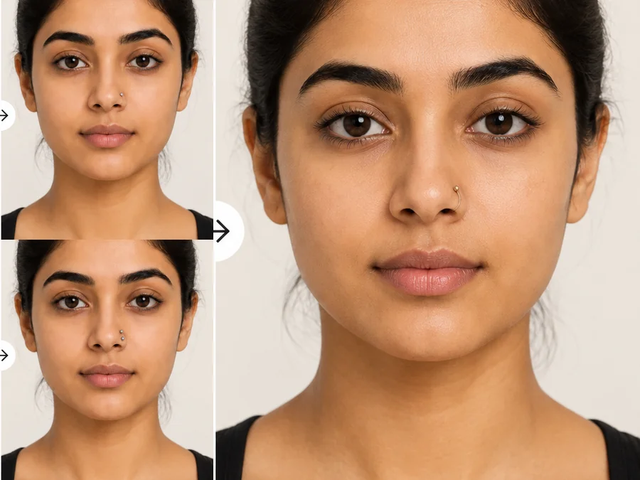 The same woman previewed with a nose stud, a double nostril piercing, and a nose hoop