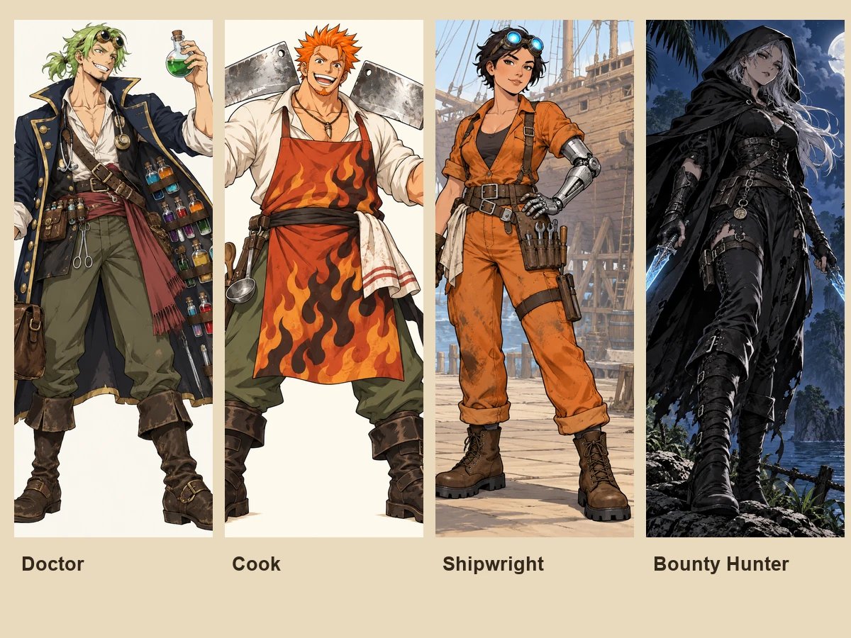 Four original One Piece-style OCs labeled Doctor, Cook, Shipwright, and Bounty Hunter