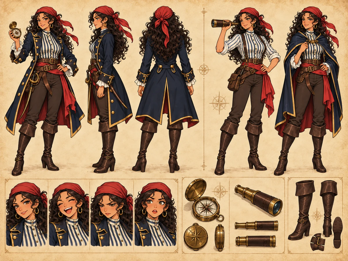 Character sheet of an original pirate navigator OC with a turnaround, outfit variations, expressions, and gear