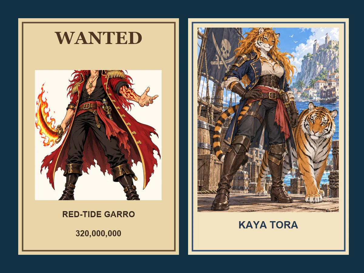 An original wanted poster for a red-haired OC next to a crew card of a tiger-tribe brawler