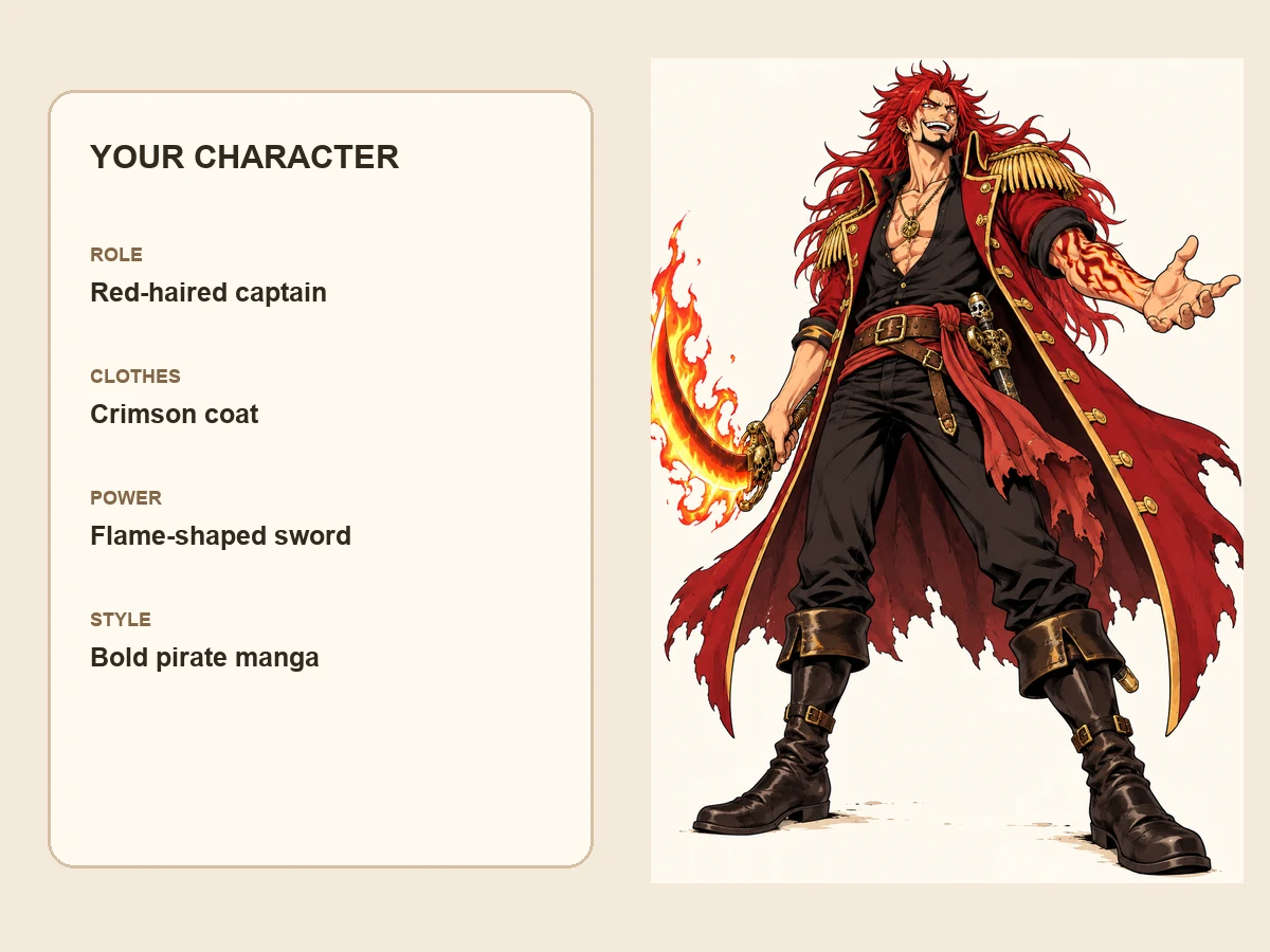 A written pirate OC idea next to the red-haired captain the One Piece OC maker drew from it