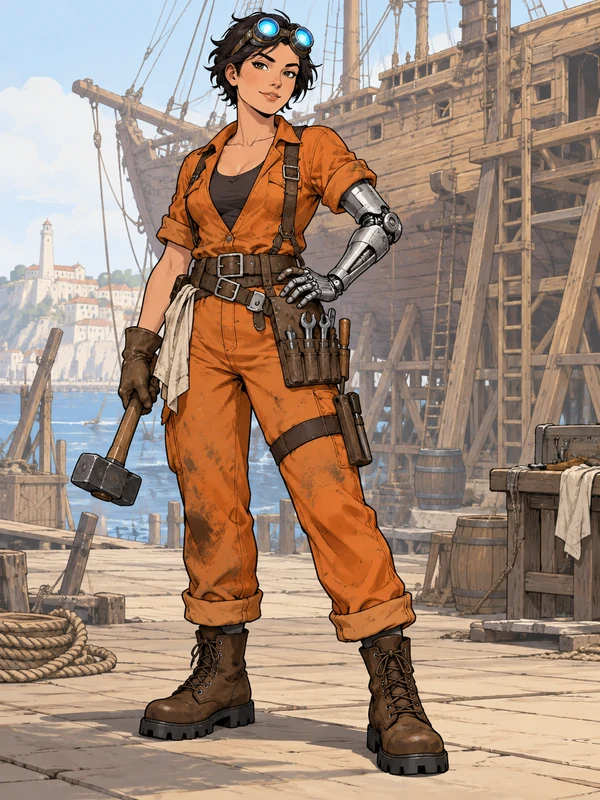 Original One Piece-style shipwright OC with goggles, an orange jumpsuit, and a chrome cyborg arm