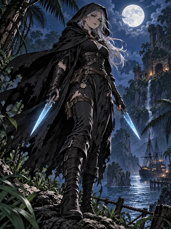 Original silver-haired bounty hunter OC in a hooded cloak holding glowing daggers