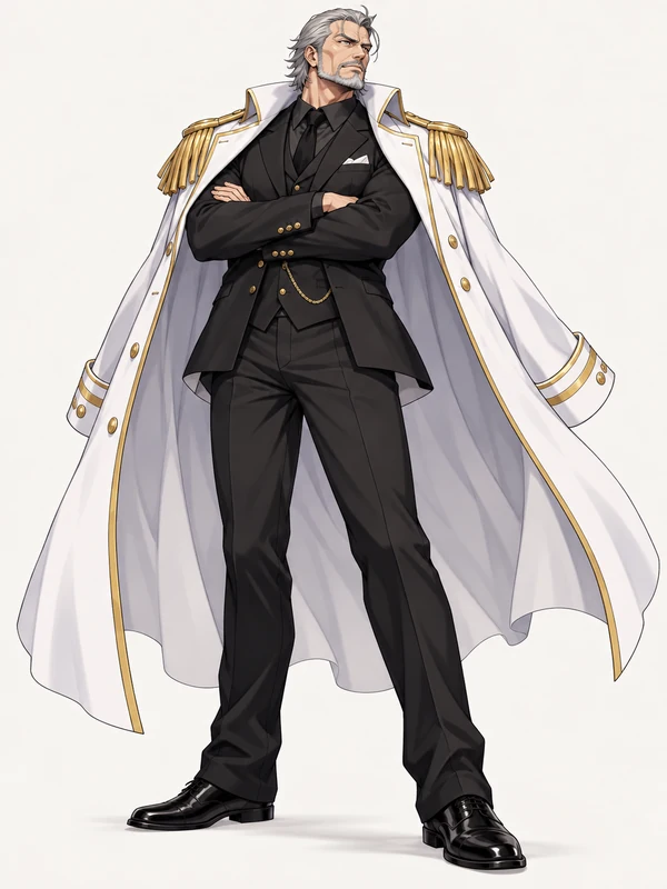 Original grey-haired navy vice admiral OC in a white cape coat with gold epaulettes