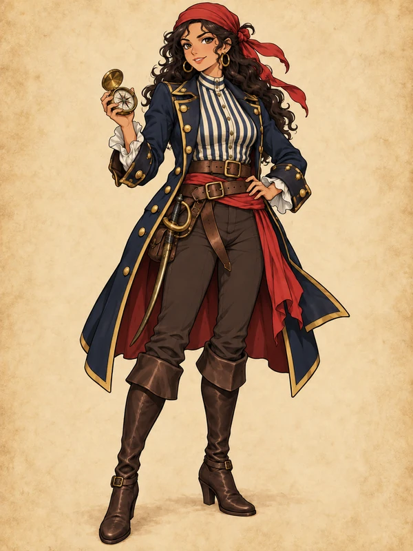 Original pirate navigator OC with a red bandana, navy coat, and tall brown boots