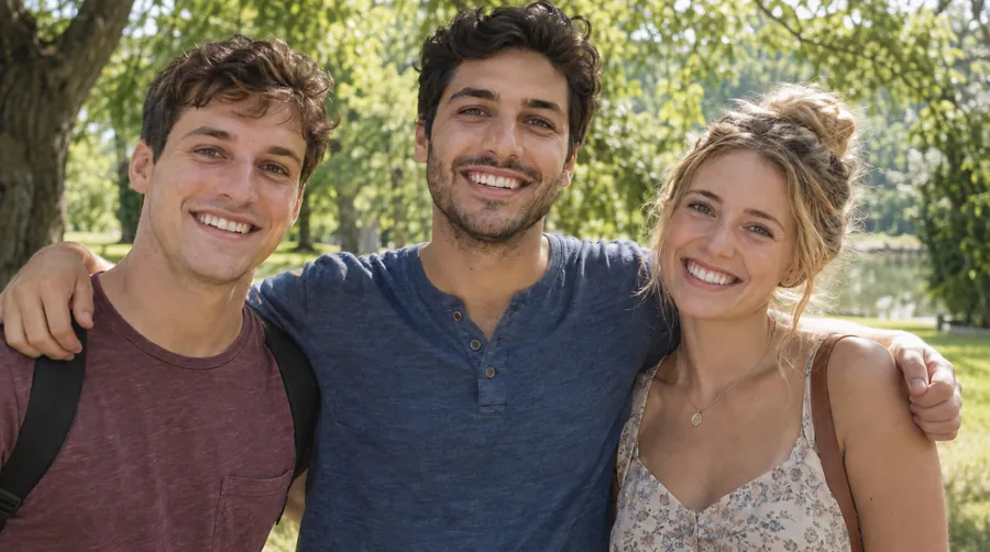 Three friends in a park group photo, everyone with open eyes after the blink was fixed
