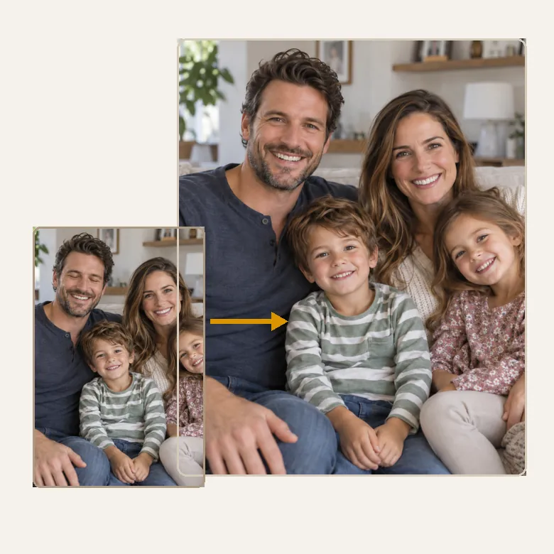 Family photo where a blink was fixed so the parents and children all have open eyes