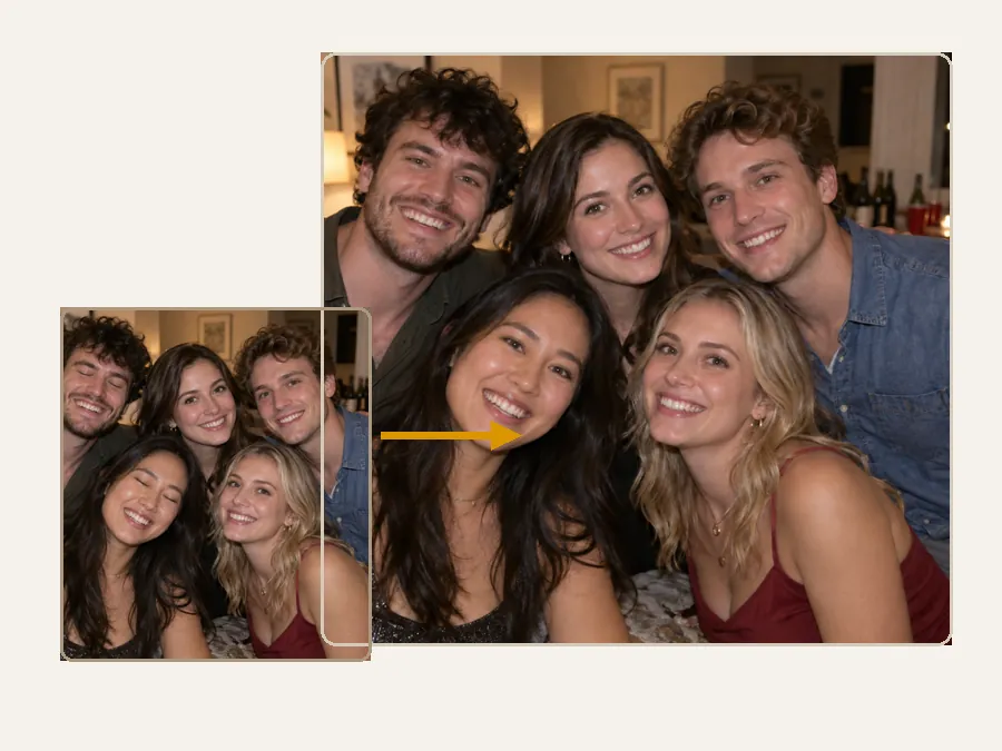 Group photo of friends with closed eyes fixed so everyone has open eyes