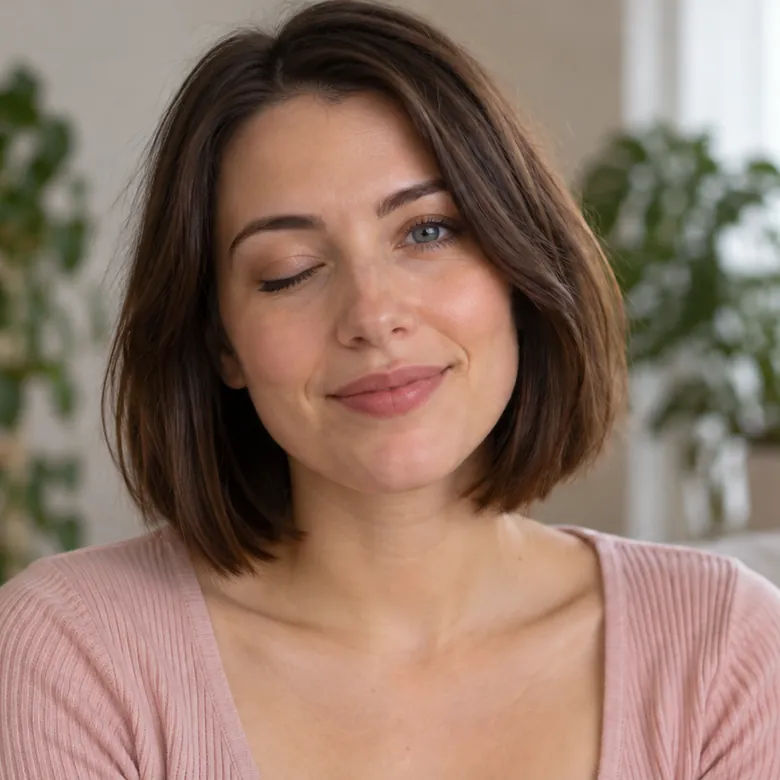 Eyes open image: the same woman with closed eyes on the left and open grey eyes on the right