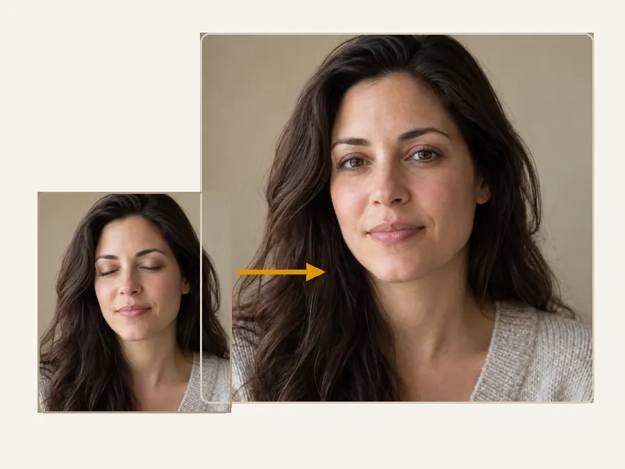 Open eyes AI result with matching iris color, natural gaze and the original scene kept intact