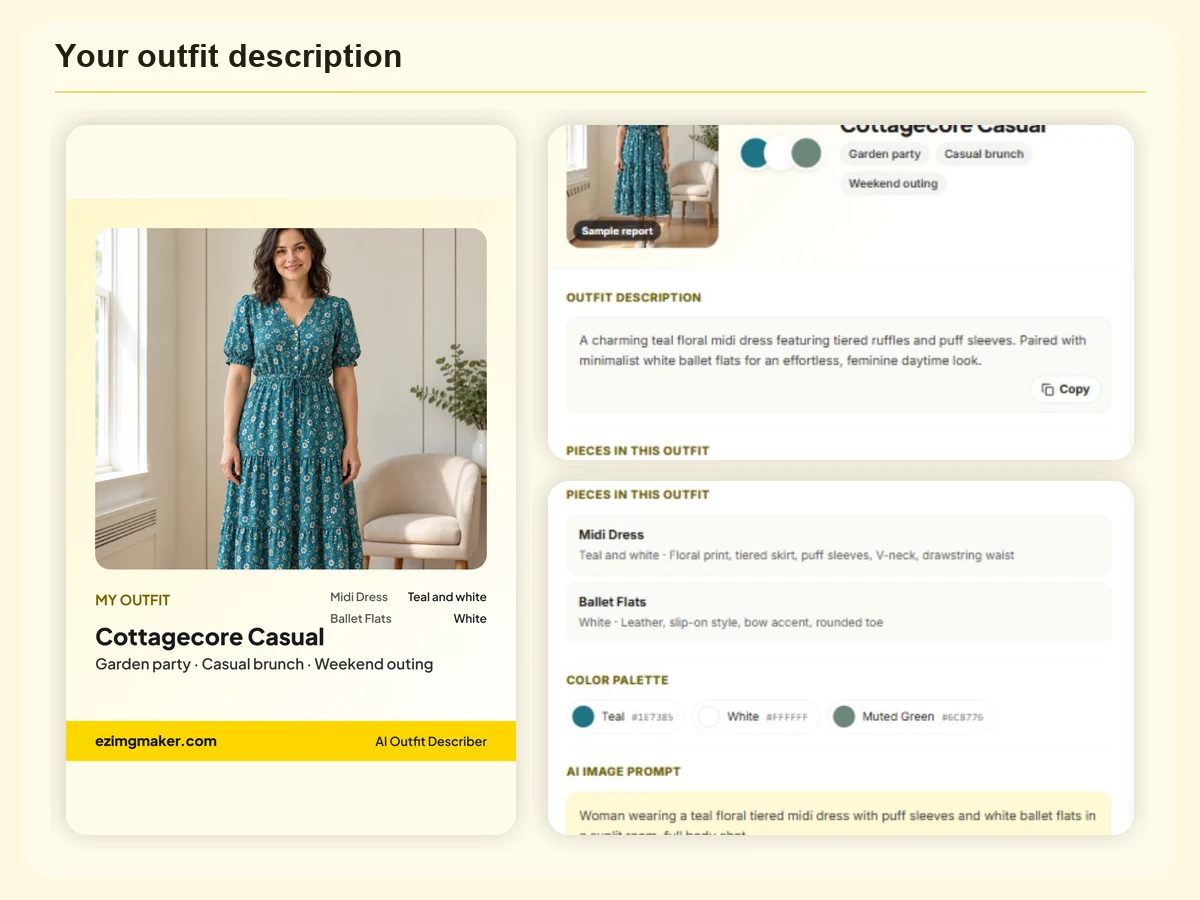 Sample outfit describer report for a teal floral midi dress: style, pieces, color palette, description and AI image prompt