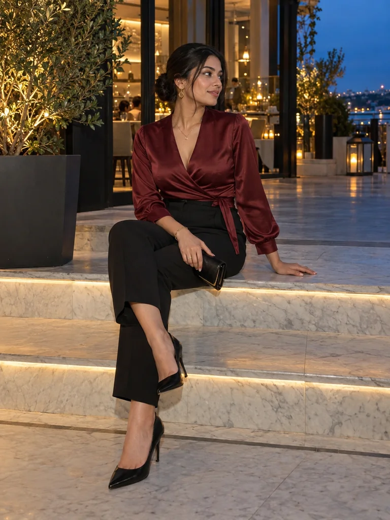Woman in a burgundy satin blouse, black trousers and heels outside a restaurant at dusk