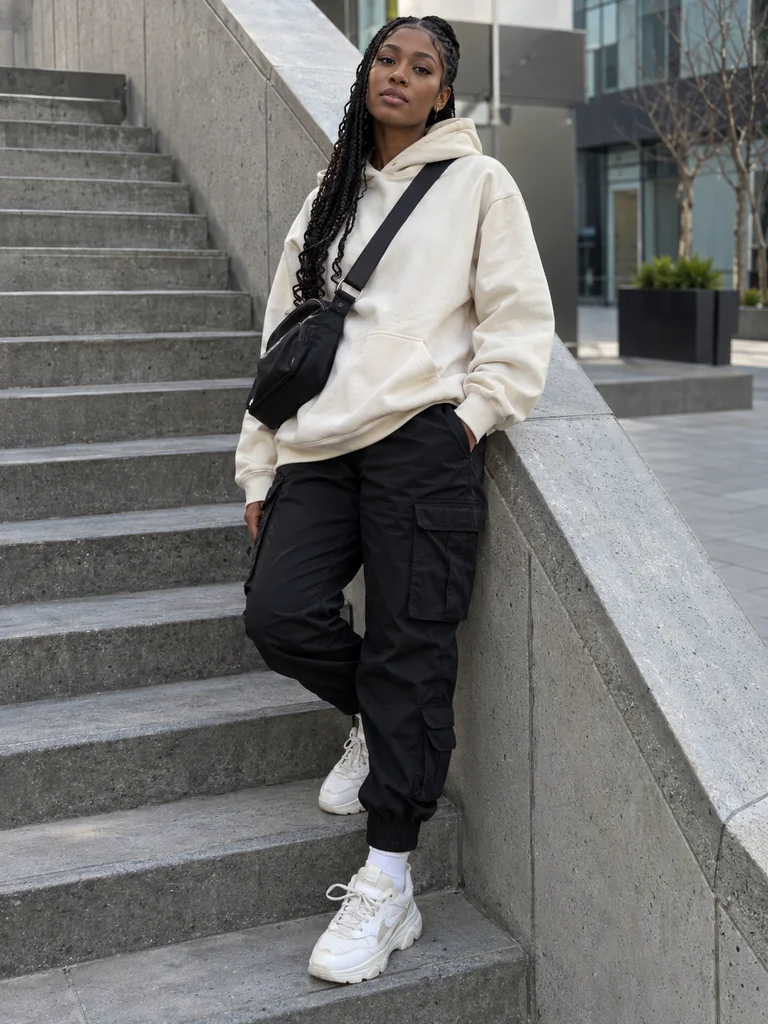 Woman in a cream hoodie, black cargo pants and white sneakers, a minimal streetwear outfit