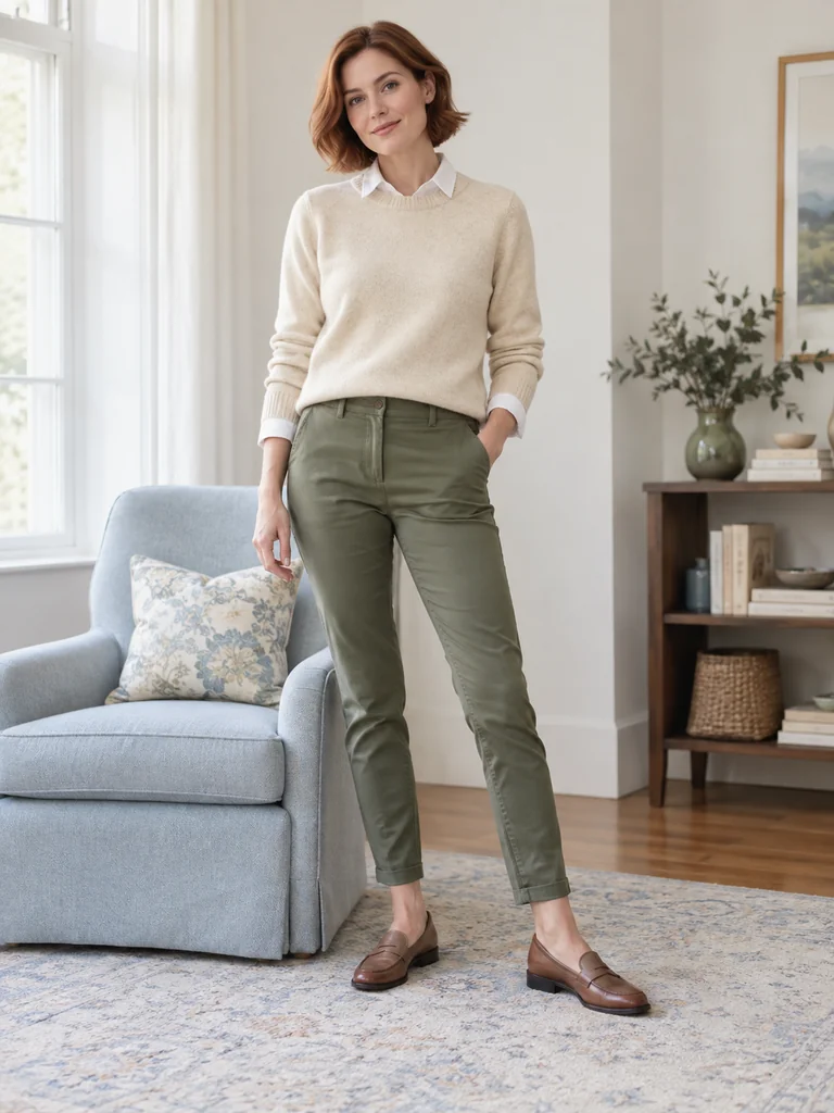 Woman in a cream sweater over a white shirt with olive chinos and brown loafers