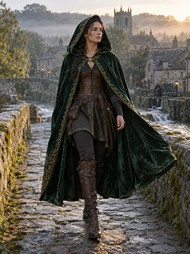 Woman in an emerald green cloak with gold trim over a leather corset, a fantasy costume