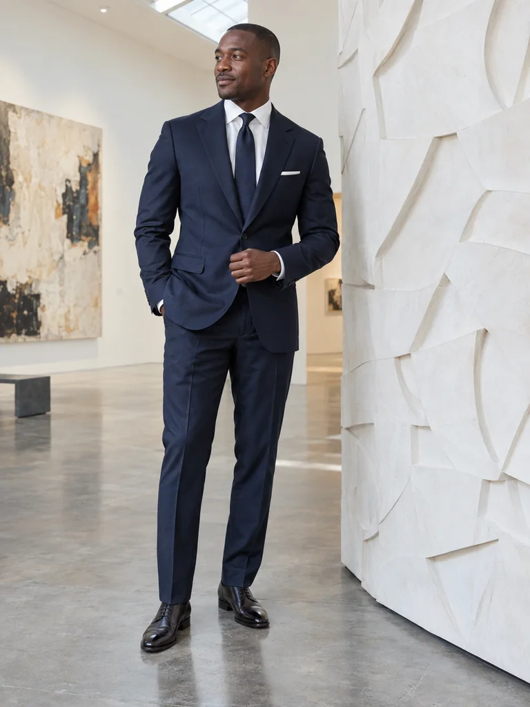 Man in a navy suit, white shirt, navy tie and white pocket square