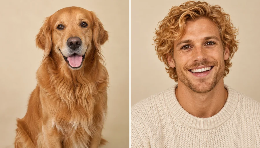A golden retriever next to its human version, a smiling man with golden curly hair