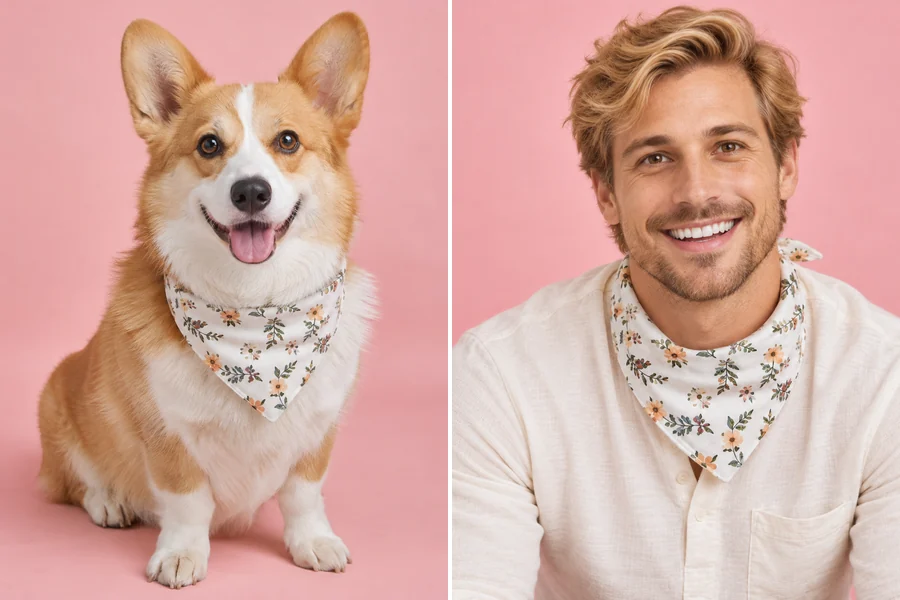 A corgi in a bandana next to its human version, a man wearing the same bandana