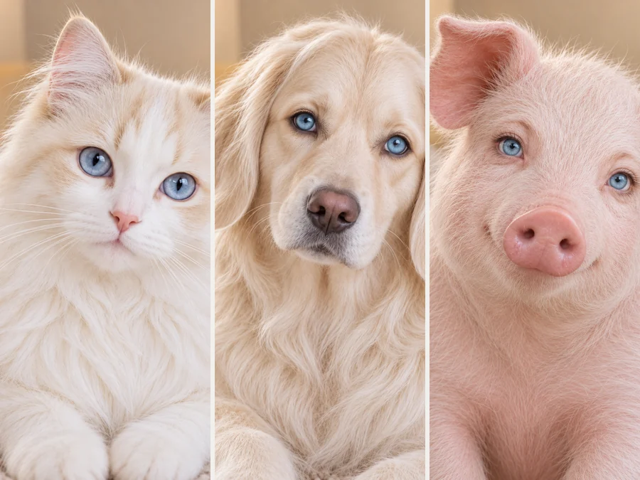 The same woman with cat, dog and pig features in three animal and human blend portraits