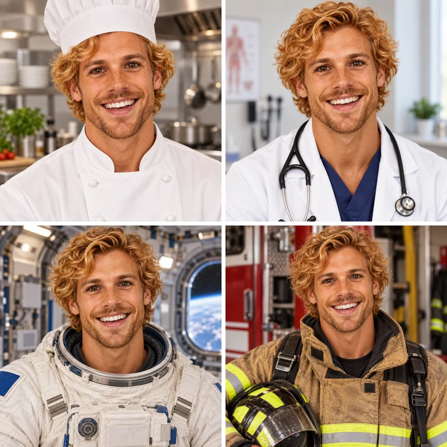 Four dream job portraits: a chef, a doctor, an astronaut and a firefighter