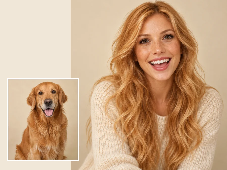 A golden retriever and its human version with the same eyes, the same expression and a realistic look